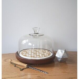 Vintage Teak Cheese Board Glass Dome Cloche & Knife Charcuterie Board Tray